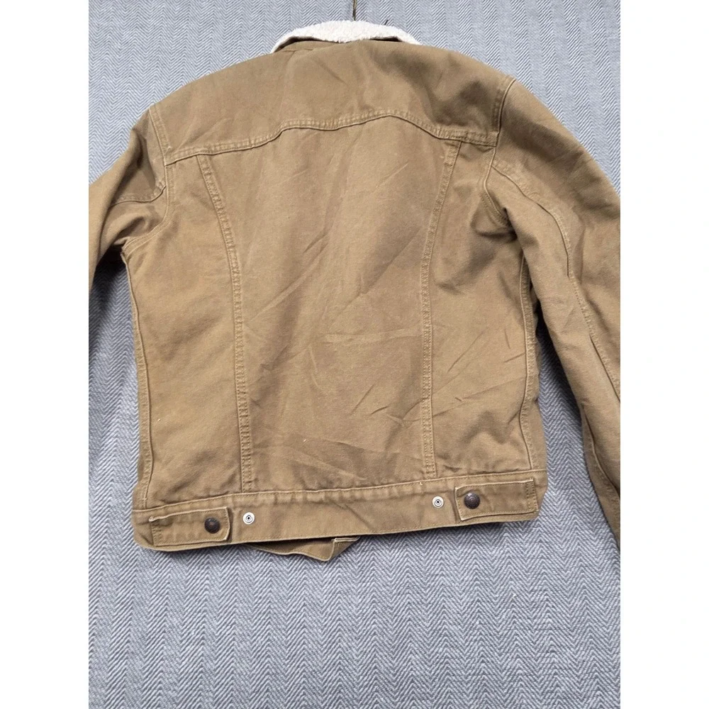 Levis Sherpa Lined Trucker Jacket Olive Green Canvas WaterLess Mens Small S‎